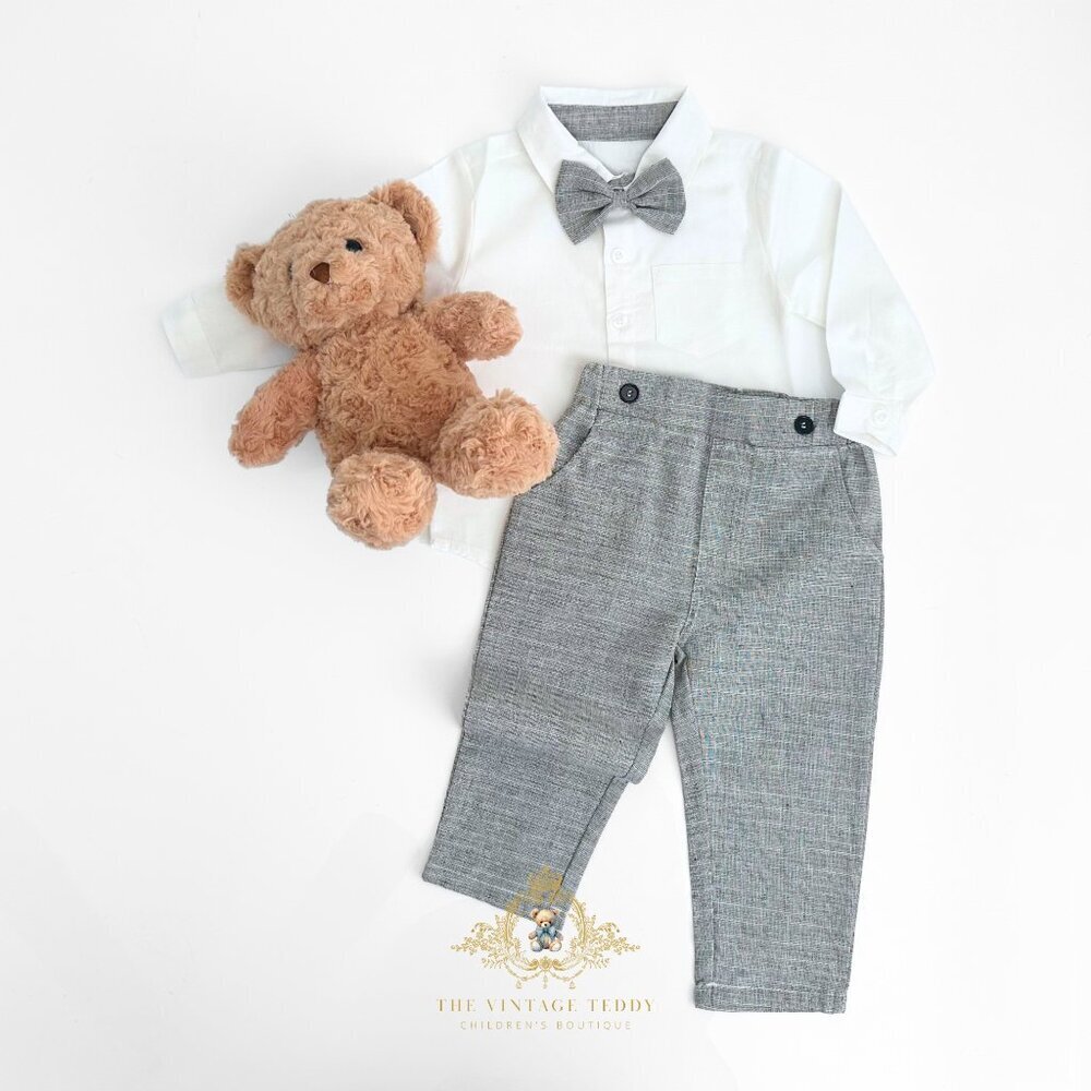 NWT Handsome Boys Oxford Shirt Bow Tie Pants & Suspenders Matching Set 3T - Picture 2 of 3